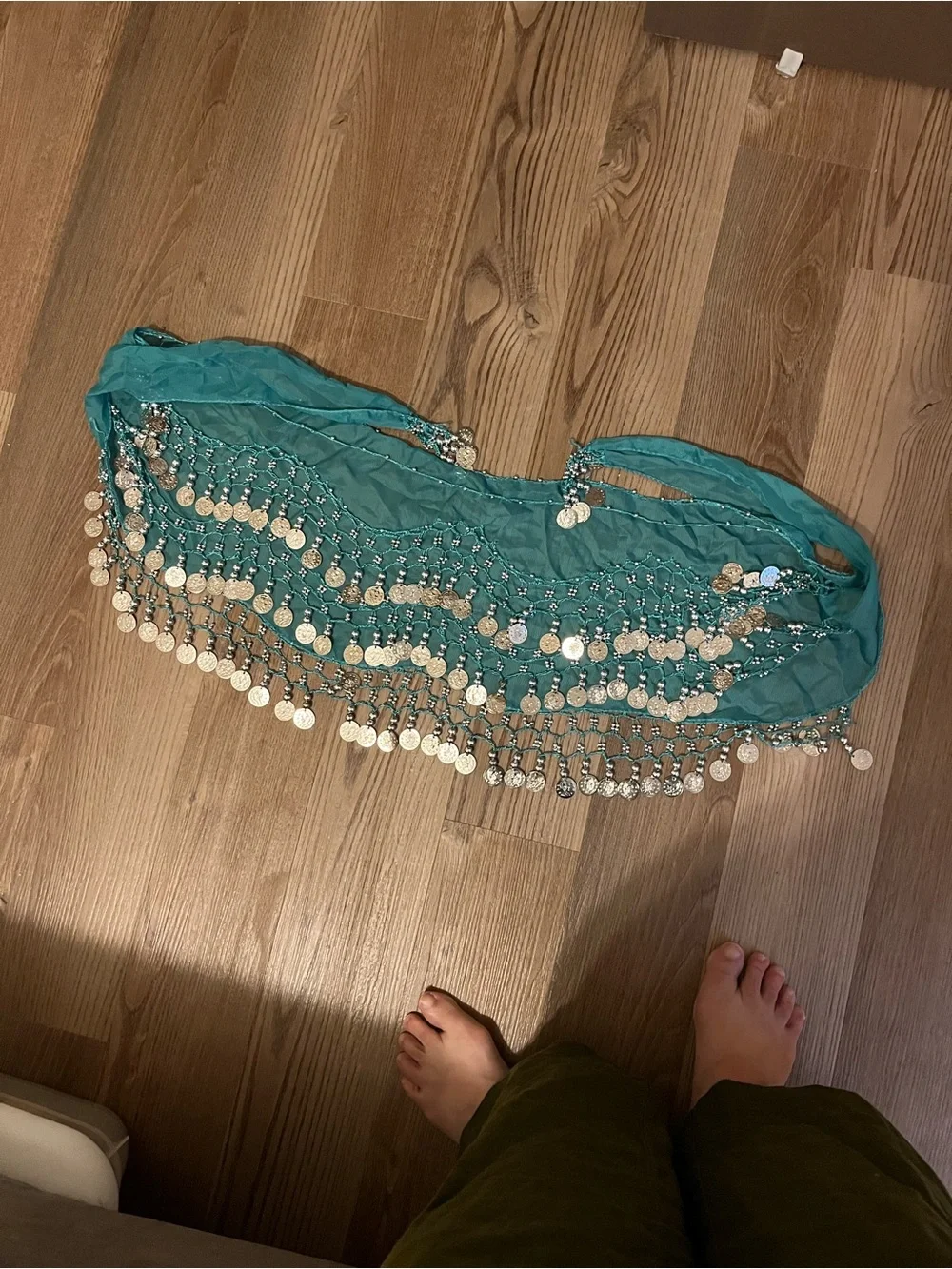 Teal Coin Fringe Belly Dance Hip Scarf